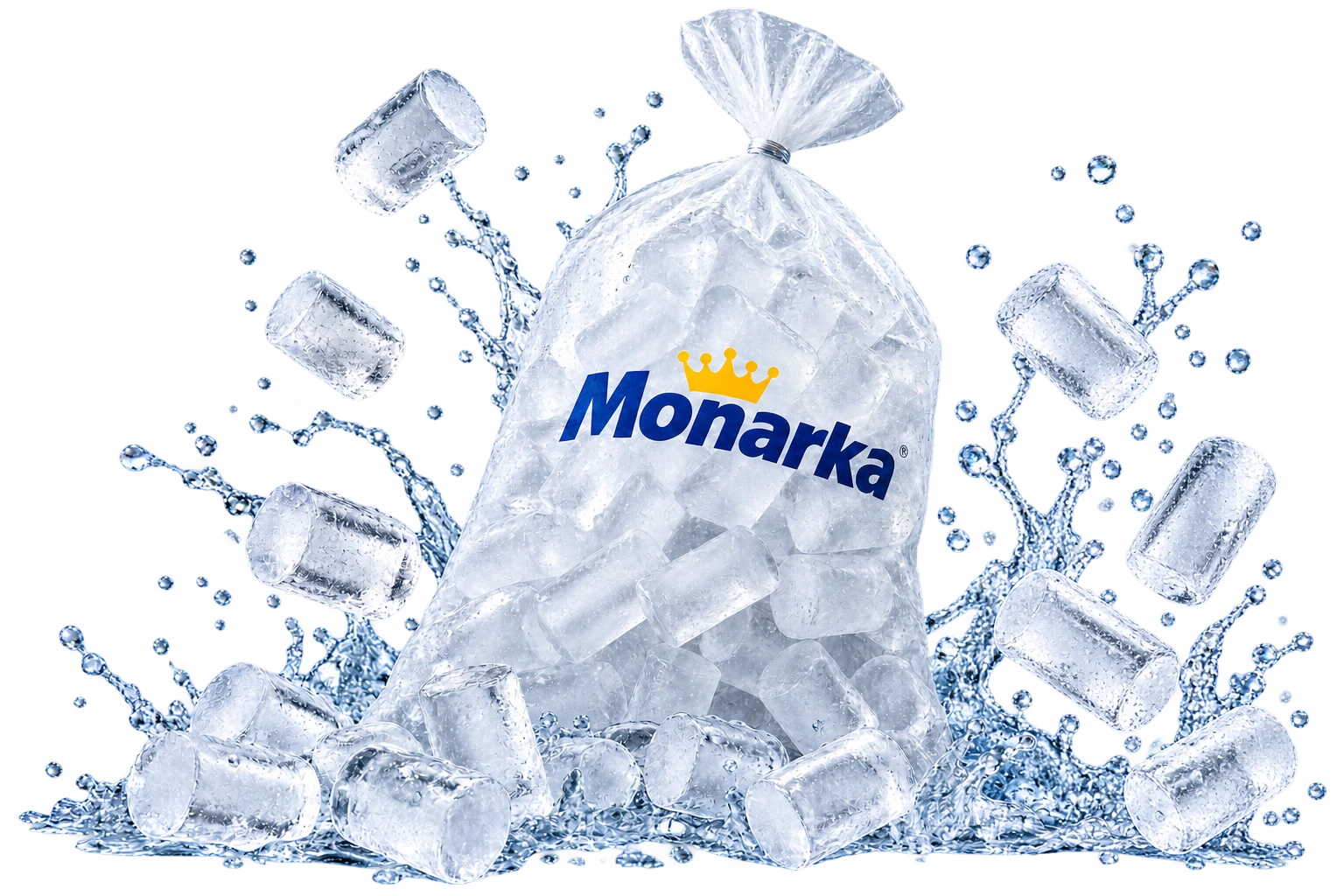 Bolsa Monarka de hielo cilíndrico sólido rodeada de cilindros sin hueco central, gotas y salpicaduras